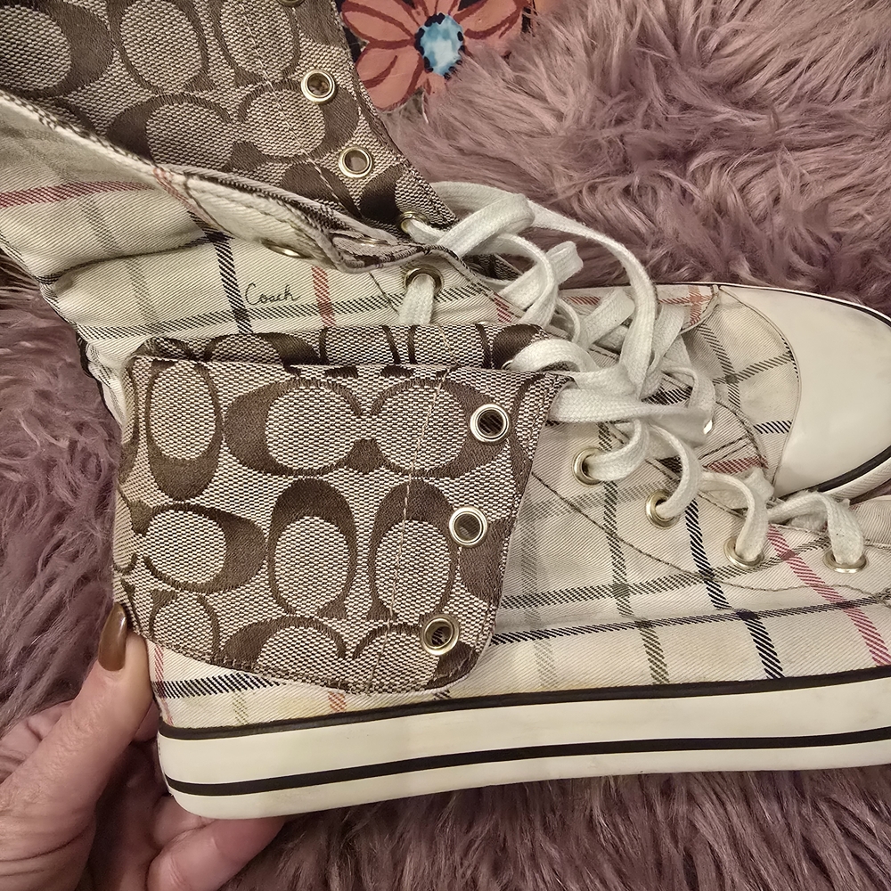 Coach Women's Plaid High-Top Sneakers - Cream and Brown - Picture 3 of 13